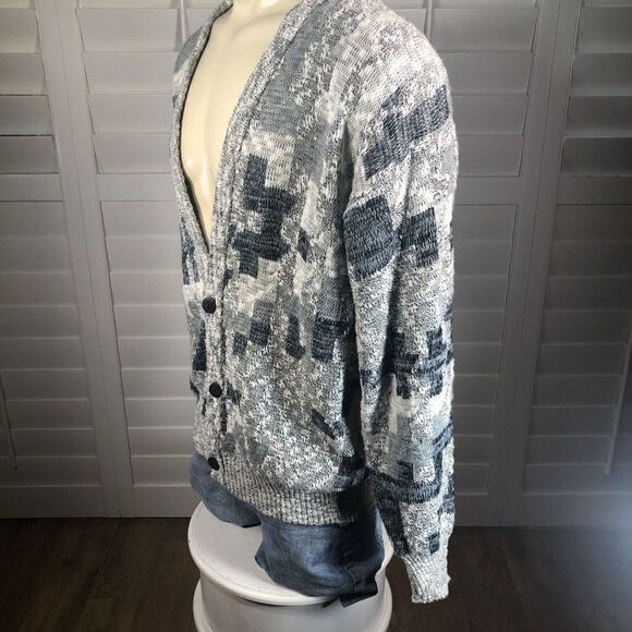 Vtg 90s Men's Michael Gerald Cardigan Acrylic Sweater M Gray White Blue Grandpa - Picture 3 of 12